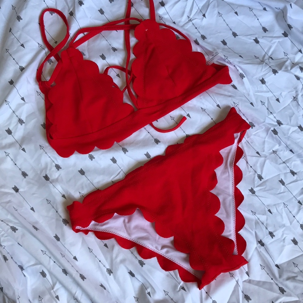 Bright Orange/ Red Scallop Bikini